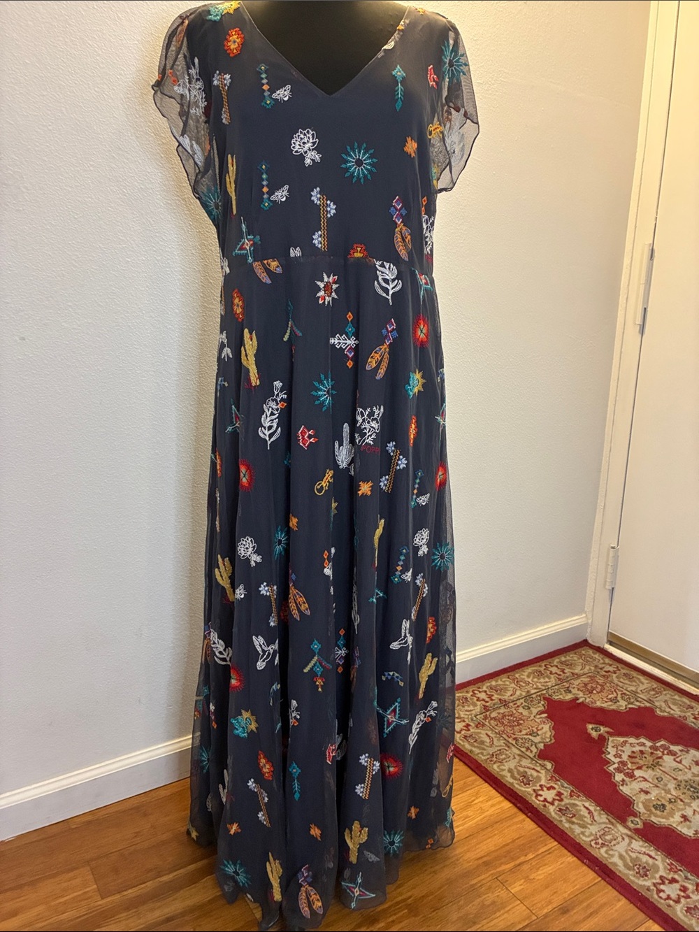 Johnny Was Jade Navy Sheer Lined Maxi Dress with Multicolor Embroidery Size L